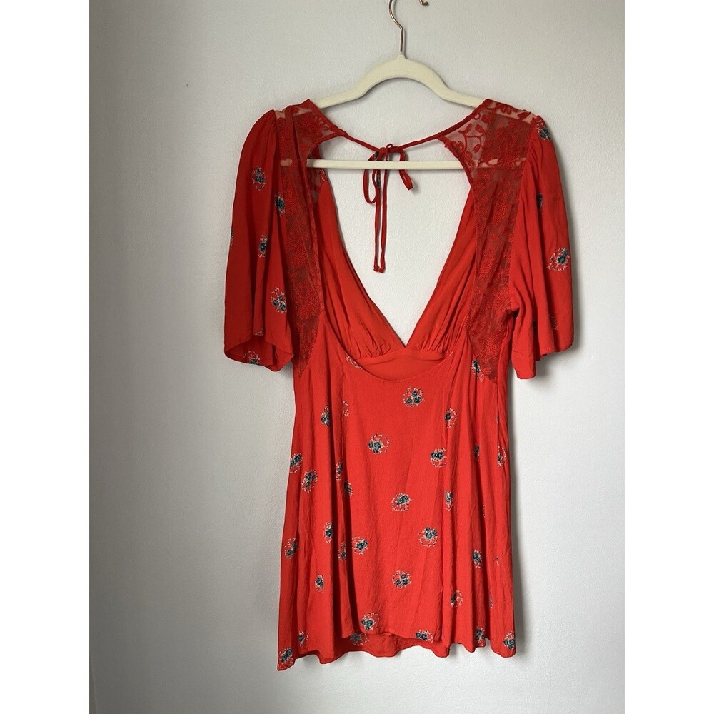 Free People Mockingbird Dress 6 Backless Mini Orange Red Lace Flirty Floral Boho - Picture 9 of 16
